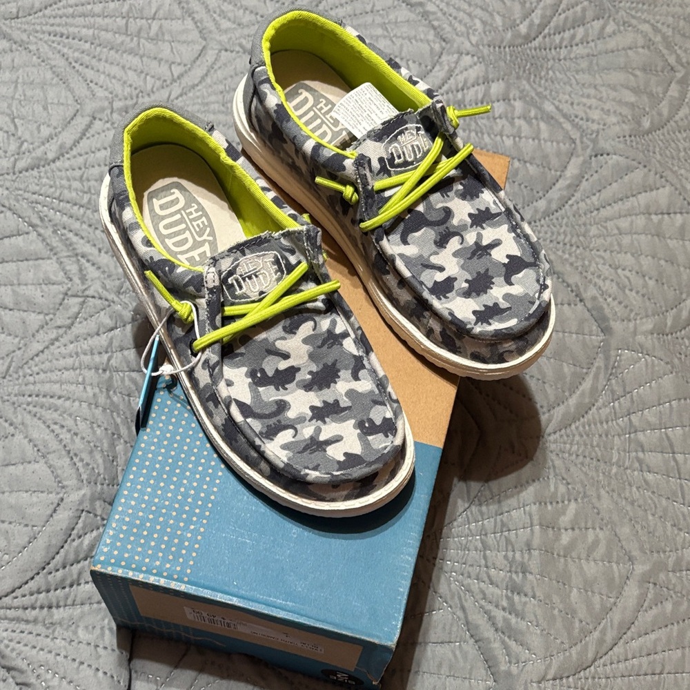 Hey Dude Kids Gray Camo Moccasins with Neon Yellow Accents